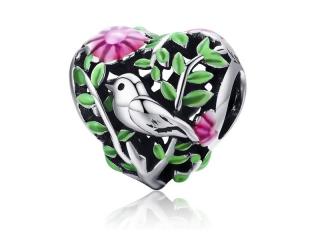 Rodowany srebrny charms do pandora serce heart ptaszek rajski ptak bird srebro 925