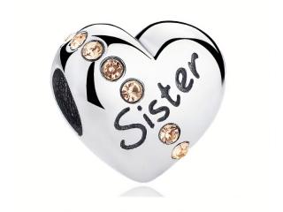 Rodowany srebrny charms do pandora serce heart siostra sister cyrkonie srebro 925