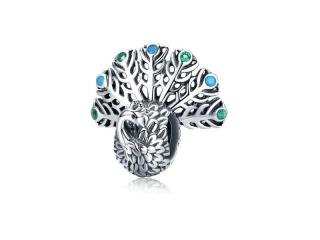 Rodowany srebrny wiszący charms do pandora dumny paw peacock cyrkonie srebro 925