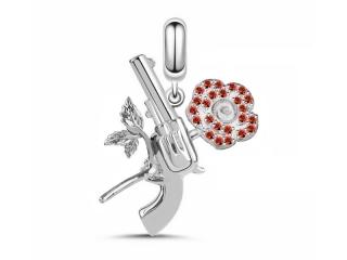 Rodowany srebrny wiszący charms do pandora rewolwer róza rose gun srebro 925