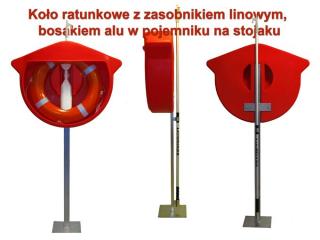 Koło ratunkowe z liną w pojemniku na stojaku