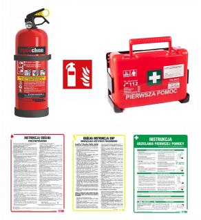 Zestaw PPOŻ BHP Gaśnica 2 kg Apteczka DIN 13157+ INSTRUKCJE