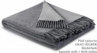 Pled Grau-Silber wełniany z kaszmirem Biederlack. Kaszmir 20% + 80% wełna owcza.