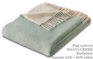 Pled wełniany z kaszmirem Biederlack. Salvia-Creme. Kaszmir 20% + 80% wełna owcza.