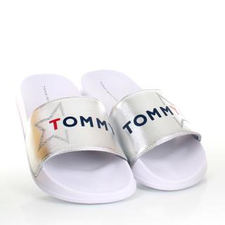 Klapki TOMMY HILFIGER T3A0-30890-0742904-LOGO Klapki TOMMY HILFIGER T3A0-30890-0742904-LOGO print slider silver srebrne - basenowe