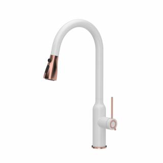 JESSICA Q Line Pull stalowa bateria kuchenna z wyciąganą wylewką Very white mat - biały mat Nano PVD miedź Quadron Stalowa bateria kuchenna z wyciąganą wylewką  biały mat