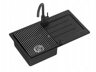 JOHNNY 111 Steingran zlewozmywak granitowy czarny mat 1-komorowy 77x44x18,5 z syfonem + bateria czarna mat + dozownik + rollmata JOHNNY 111 Steingran zlewozmywak granitowy VERY BLACK