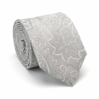 KR-009 Szary ekskluzywny krawat męski z modnym wzorem paisley 100% jedwab