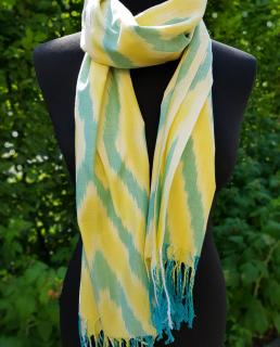 Żółto turkusowy uzbecki duży szal bawełniany IKAT w stylu etno i boho