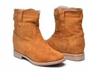 BOTKI KOZAKI zamszowe BRĄZOWE/CAMEL ukryty koturn