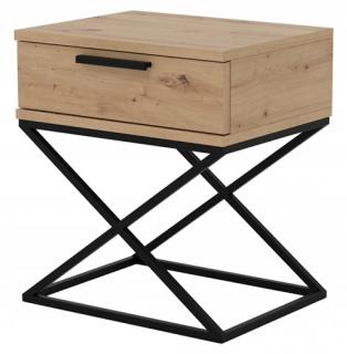 Stolik nocny "YOGA" dąb artisan, czarna podstawa X + uchwyt