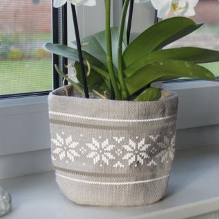 Osłona jutowa na doniczki  szara "Wzór norweski biały" W:22,5 x Ś:27,5 cm