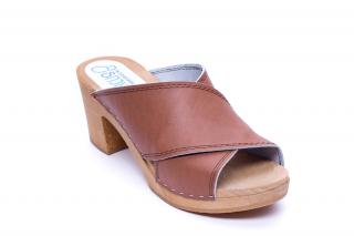 Eleganckie klapki 7.5cm z paskami na przemian, skóra karmelowe
