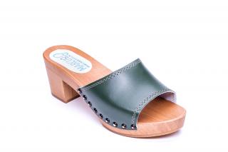 Klapki na koreczku 7.5 cm, skóra zielone oliwkowe + nity czarno złote
