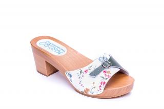 Klapki na koreczku 7.5cm, kwiatki/oliwka
