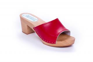 Klapki na koreczku czerwona skóra, zszywki, wys obcasa 7.5 cm