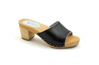 Klapki na obcasie (ćwieki czarno-złote) wys 7.5 cm, skóra czarne