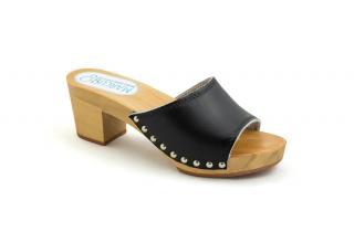 Klapki na obcasie, wys 7.5 cm, skóra czarne