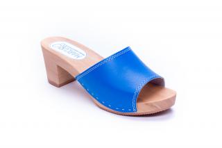 Klapki obcas i zszywki skóra niebieskie , wys 7.5 cm