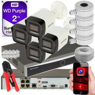 KOMPLETNY ZESTAW DO MONITORINGU IP HIKVISION TUBOWE 4 KAMERY 4MP + REJESTRATOR 4 KANAŁOWY POE + DYSK TWARDY
