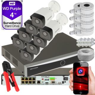 KOMPLETNY ZESTAW DO MONITORINGU IP HIKVISION TUBOWE 8 KAMER 2MP + REJESTRATOR 8 KANAŁOWY POE + DYSK TWARDY