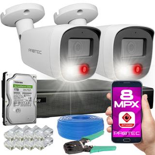 Zestaw monitoring cyfrowy IP - 2 kamery tubowe 8 Mpx 4K IR+LED z mikrofonem, dysk 1TB PR-NVR-02T8DL