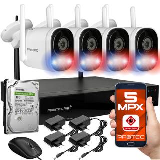 Zestaw monitoringu bezprzewodowego WiFi - 4 kamery 5 Mpx, IR + LED, mikrofon + głośnik, sygnalizator alarmowy WIFI-KIT-4CH-5M-II-LA