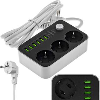 LEDtechnics Listwa zasilająca 2m 3 socket 10A +6 USB  |  L115