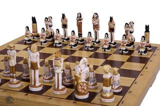 DUŻE SZACHY EGIPT (65x65cm) intarsjowane Kamienne szachy tematyczne EGIPT ręcznie malowane z drewnianą szachownicą intarsjowaną