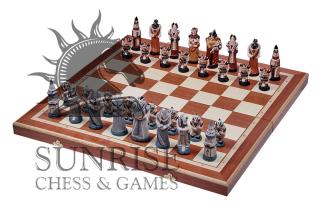 DUŻE SZACHY FANTAZJA (58x58cm) intarsjowane Kamienne szachy tematyczne FANTAZJA ręcznie malowane z drewnianą szachownicą intarsjowaną