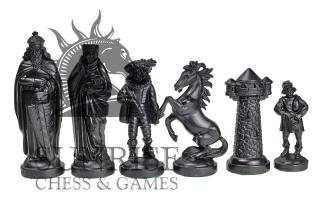 Figury szachowe stylizowane na Średniowiecze, czarno-złote (król 98 mm) Figury szachowe w rozmiarze nr 6 stylizowane na Średniowiecze, w kolorze czarno-złotym