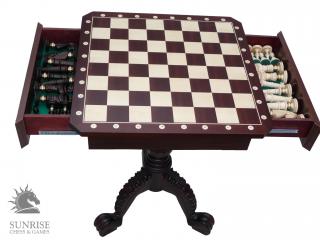 Stolik szachowy w kolorze ciemny mahoń (wysokość 75 cm) - BEZ FIGUR Stolik szachowy o wysokości 75cm z intarsjowaną szachownicą o polu 58mm, bez figur
