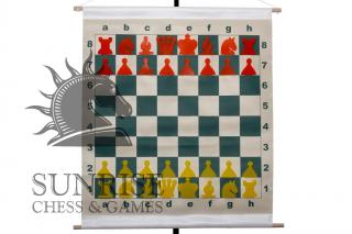 SZACHY DEMONSTRACYJNE ZWIJANE - WTYKANE (szachownica + figury + torba) Szachownica demonstracyjna rolowana z wtykanymi figurami, w komplecie z torbą