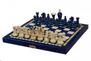 SZACHY KRÓLEWSKIE MAŁE (30x30cm) jaworowe, ozdobne, niebieskie Chess set/szachy drewniane
