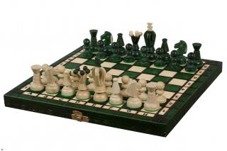 SZACHY KRÓLEWSKIE MAŁE (30x30cm) jaworowe, ozdobne, zielone Chess set/szachy drewniane