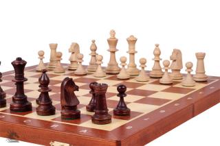 Szachy Turniejowe nr 5 Intarsjowane (48x48cm) - PROFESJONALNY zestaw szachowy Drewniane szachy Turniejowe nr 5 z kasetką intarsjowaną mahoniem i jaworem - PROFESJONALNY zestaw szachowy