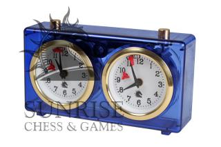 Zegar plastikowy CLASSIC mały, niebieski transparentny Zegar szachowy mechaniczny w obudowie plastikowej, kolor bursztynowy niebieski