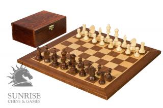 Zestaw szachowy turniejowy Nr 4 - szachownica 40 mm + figury Sunrise Staunton 78 mm w drewnianym kuferku