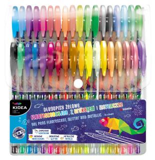 Długopisy żelowe z brokatem, fluo i metaliczne 36 kolorów Kidea