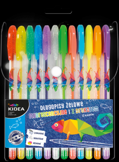 Długopisy żelowe z brokatem i fluo 12 kolorów Kidea