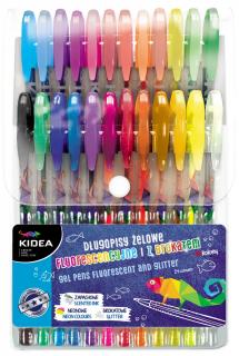 Długopisy żelowe z brokatem i fluo 24 kolory Kidea