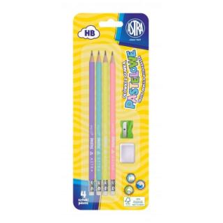 Ołówek z gumką 4 szt i temperówką pastelowe kolory Astra