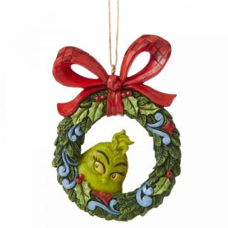 Grinch i świąteczny wianek  zawieszka z bajki "Grinch Świąt nie będzie" Grinch Peeking Through Wreath 6006571 Jim Shore figurka dekoracja pokój dziecięcy