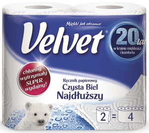 Ręcznik papierowy Velvet Najdłuższy 2-w biały celuloza, 90 listków / 2