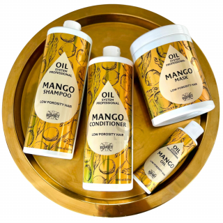 Ronney Zestaw do włosów niskoporowatych MANGO szampon + odżywka + maska + olejek