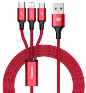 Kabel USB Baseus Rapid 3w1 Typ C / Lightning / Micro 3A 1,2M - czerwony