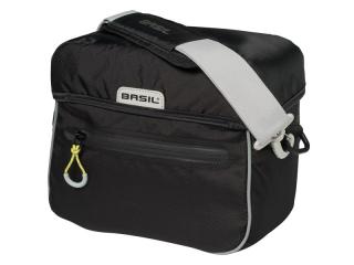 Torba na kierownicę BASIL MILES HANDLEBAR BAG BE/KF 6L, wodoodporny poliester, czarna limonka + Płytka mocująca do kosza BASIL BASEASY + KLICKFIX ADAP