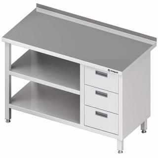 Stół przyścienny z blokiem trzech szuflad (P),i 2-ma półkami 1100x600x850 mm