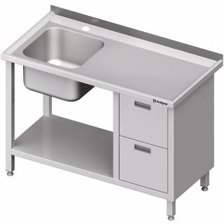 Stół ze zlewem 1-kom.(L), z blokiem dwóch szuflad i półką 1100x700x850 mm