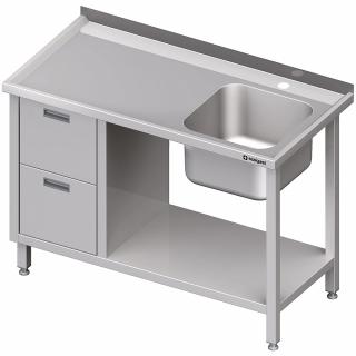 Stół ze zlewem 1-kom.(P), z blokiem dwóch szuflad i półką 1300x700x850 mm